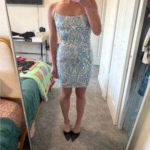 Blue and Silver Sleeveless Sheath Mini Dress